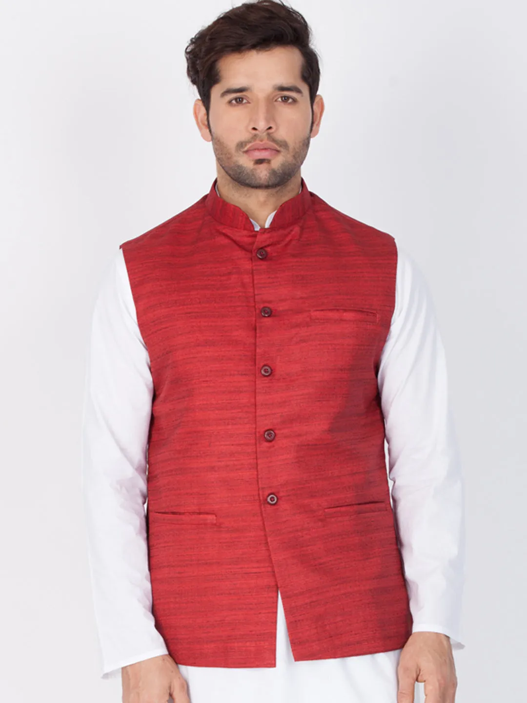 VASTRAMAY Men's Maroon Cotton Blend Ethnic Jacket