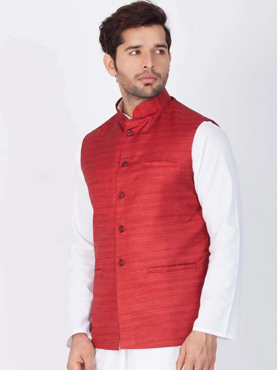 VASTRAMAY Men's Maroon Cotton Blend Ethnic Jacket