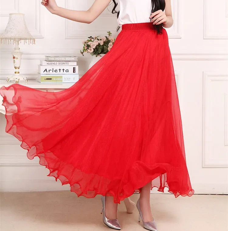 Women Chiffon High Waist Beach Summer Boho Maxi Ruffles Hem Long White Skirt