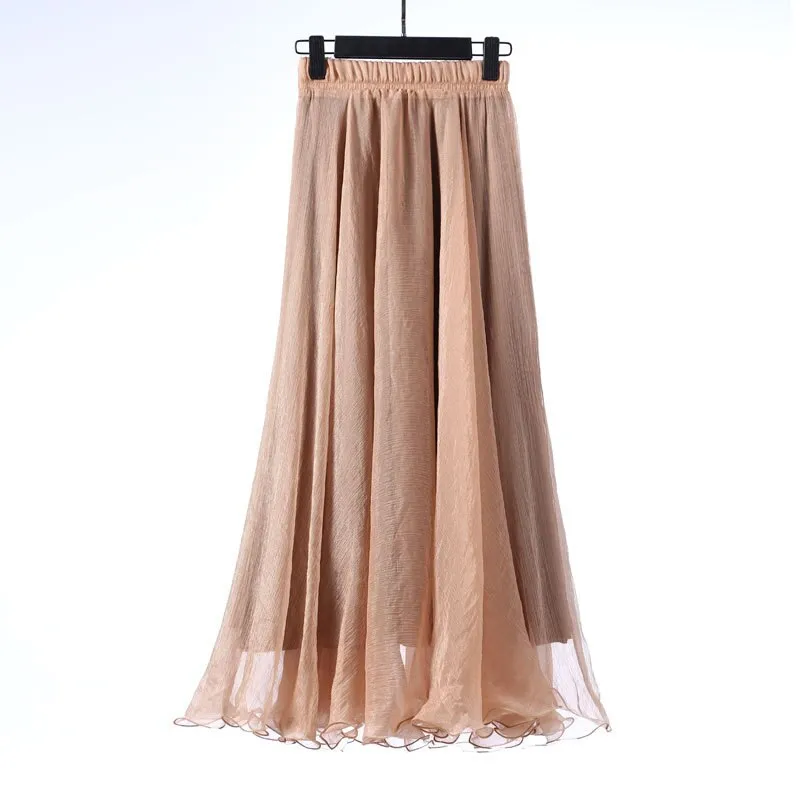 Women Chiffon High Waist Beach Summer Boho Maxi Ruffles Hem Long White Skirt