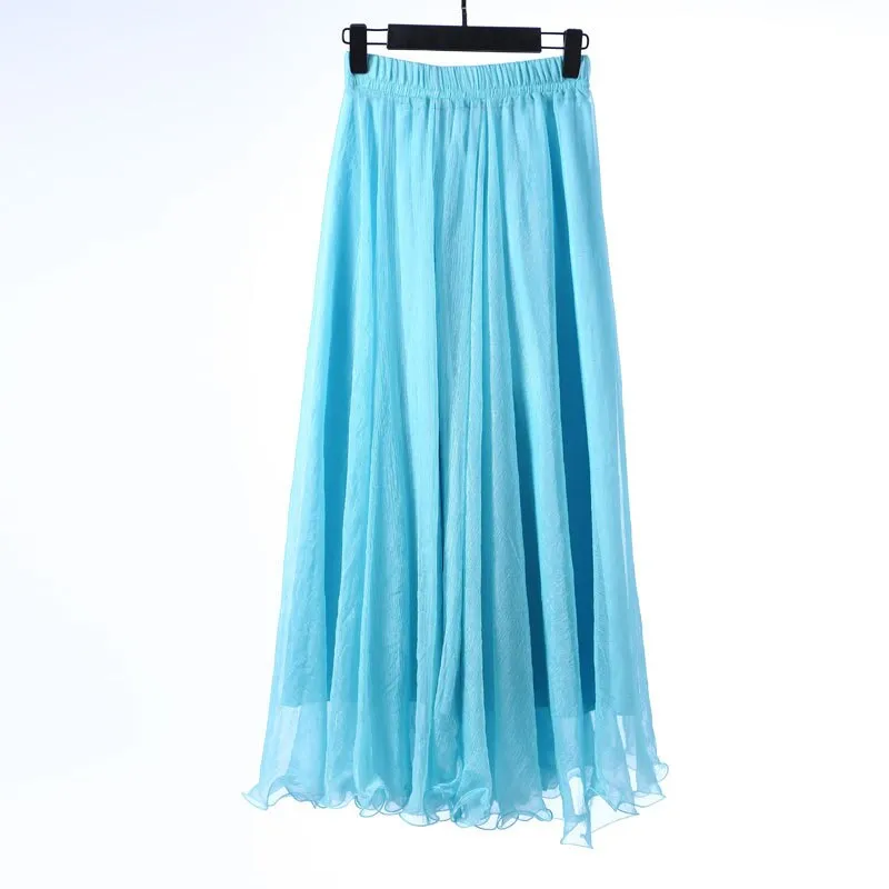 Women Chiffon High Waist Beach Summer Boho Maxi Ruffles Hem Long White Skirt