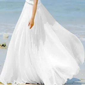 Women Chiffon High Waist Beach Summer Boho Maxi Ruffles Hem Long White Skirt