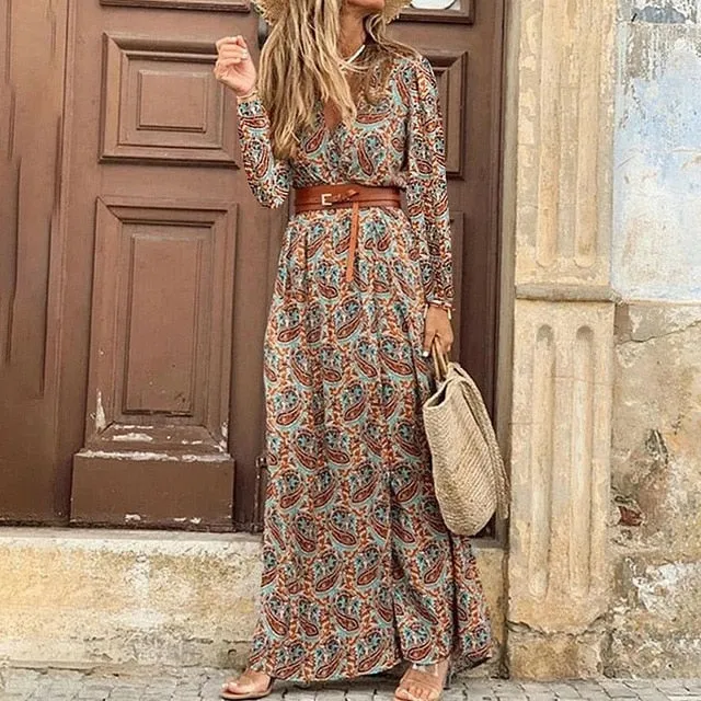 Women Elegant Casual Long Sleeve Maxi Dress .