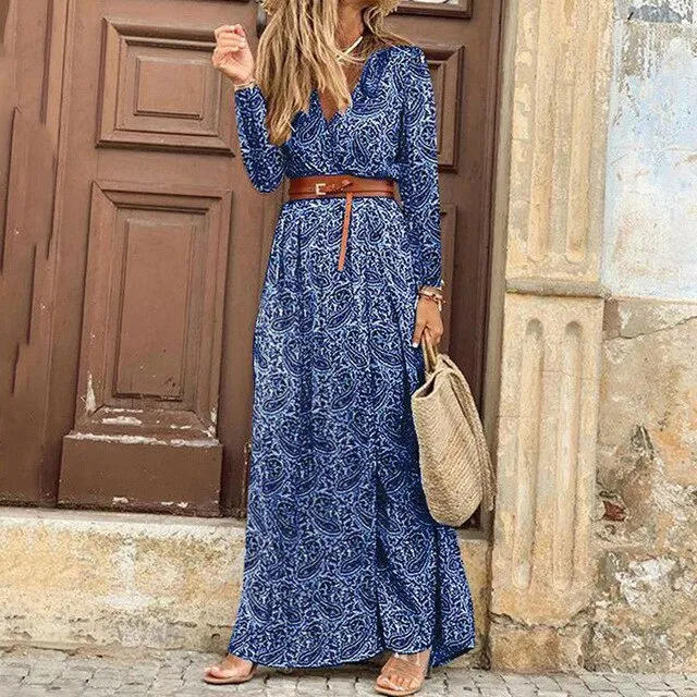 Women Elegant Casual Long Sleeve Maxi Dress .