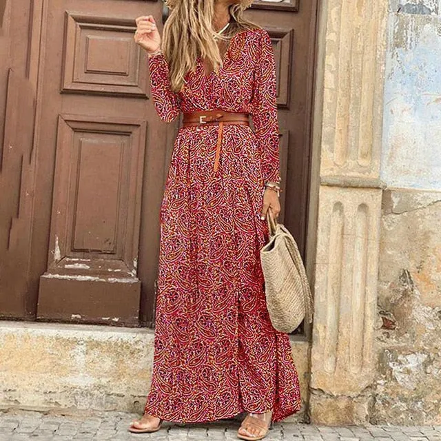 Women Elegant Casual Long Sleeve Maxi Dress .