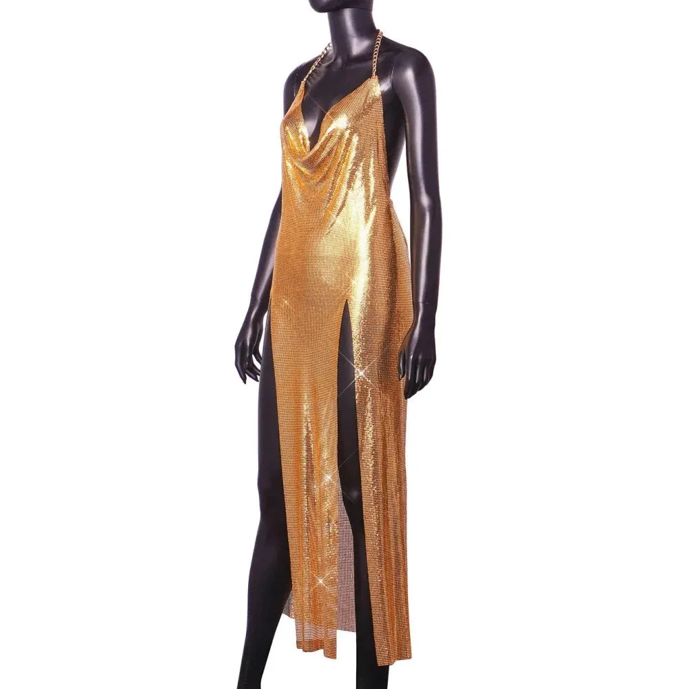 Women's Sexy Hanging Neck Strap Open Back Metallic Split Dress