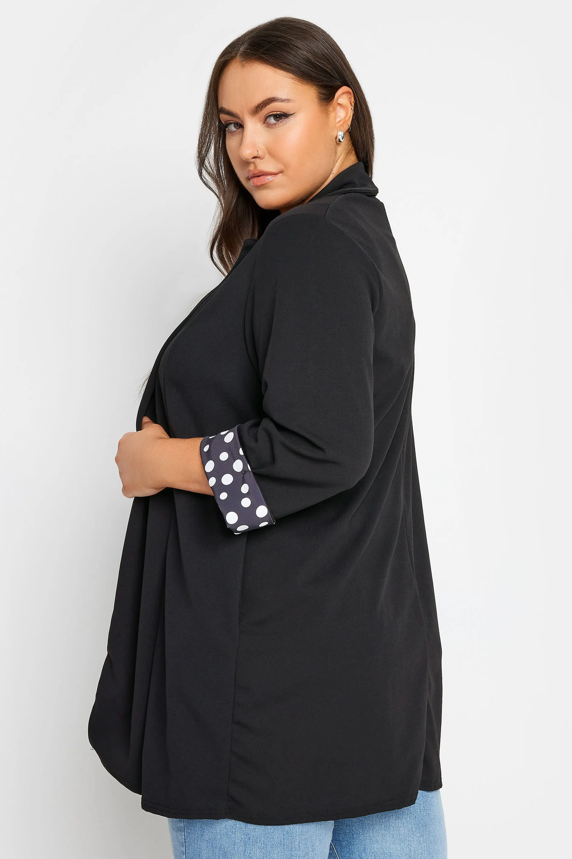 YOURS Curve Black Polka Dot Roll Back Sleeve Blazer