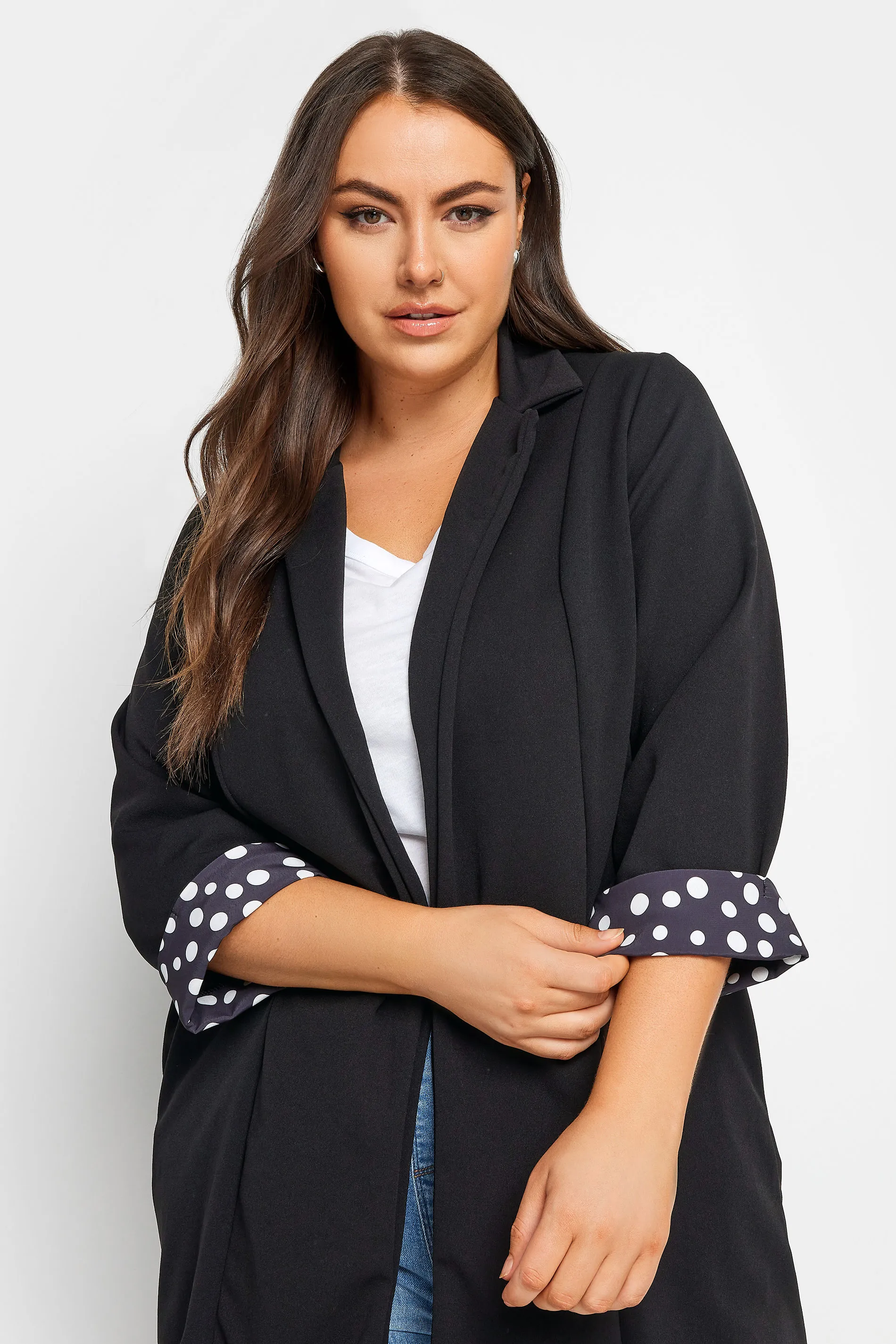 YOURS Curve Black Polka Dot Roll Back Sleeve Blazer