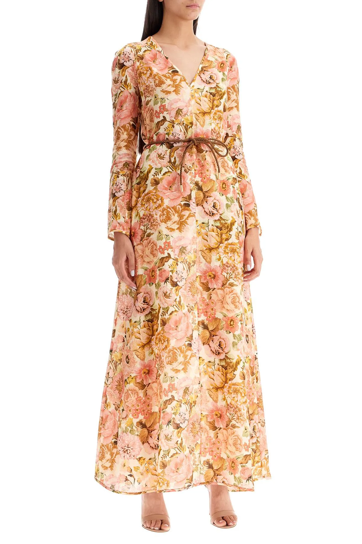 ZIMMERMANN Golden Floral Maxi Linen Dress with Plunge Neckline